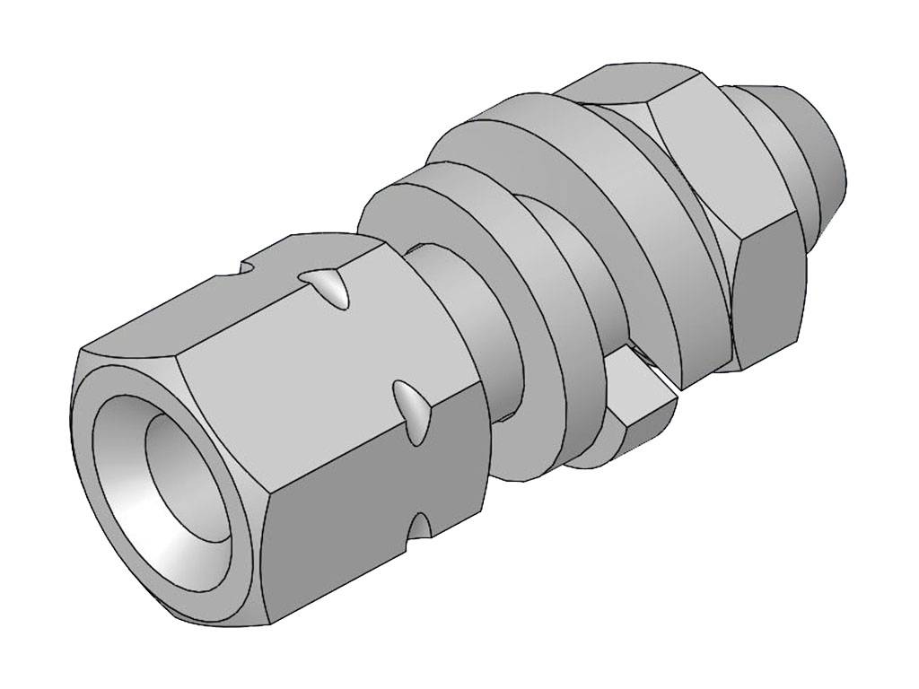 Dessin technique d'un raccord hexagonal avec plusieurs filetages qui pourrait mener à un tuyau flexible.
