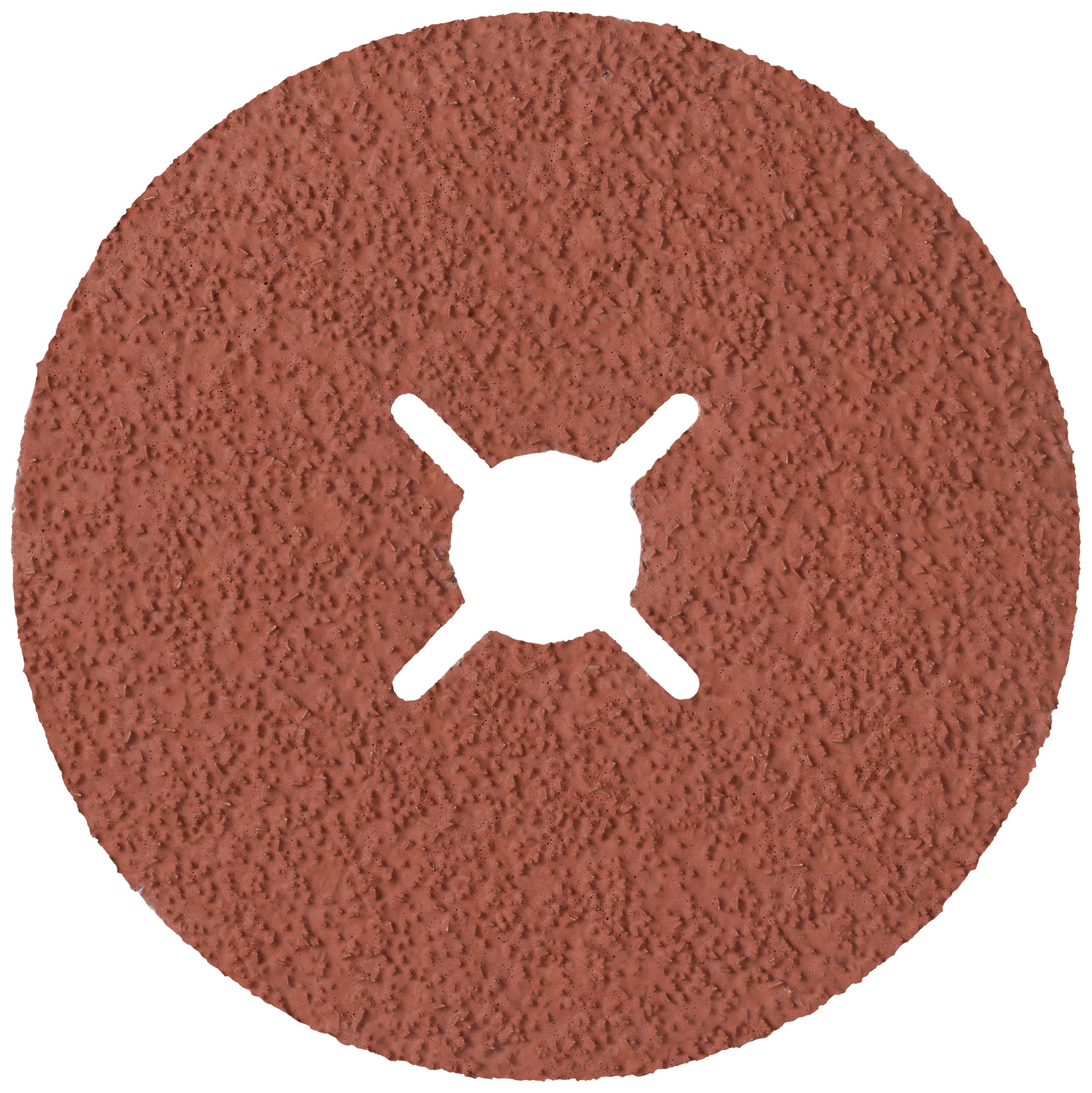 Disque abrasif brun à surface granuleuse et échancrure centrale en forme de croix. Adapté pour l'usinage des métaux.