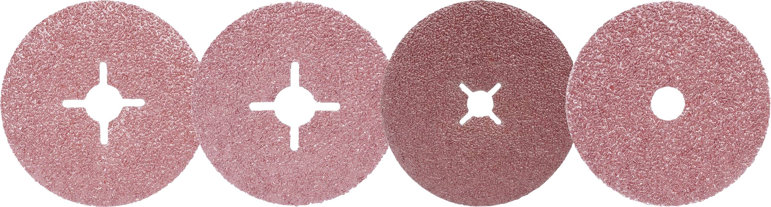 Quatre disques abrasifs roses avec différentes découpes de motifs au centre, utilisés pour le traitement des surfaces.