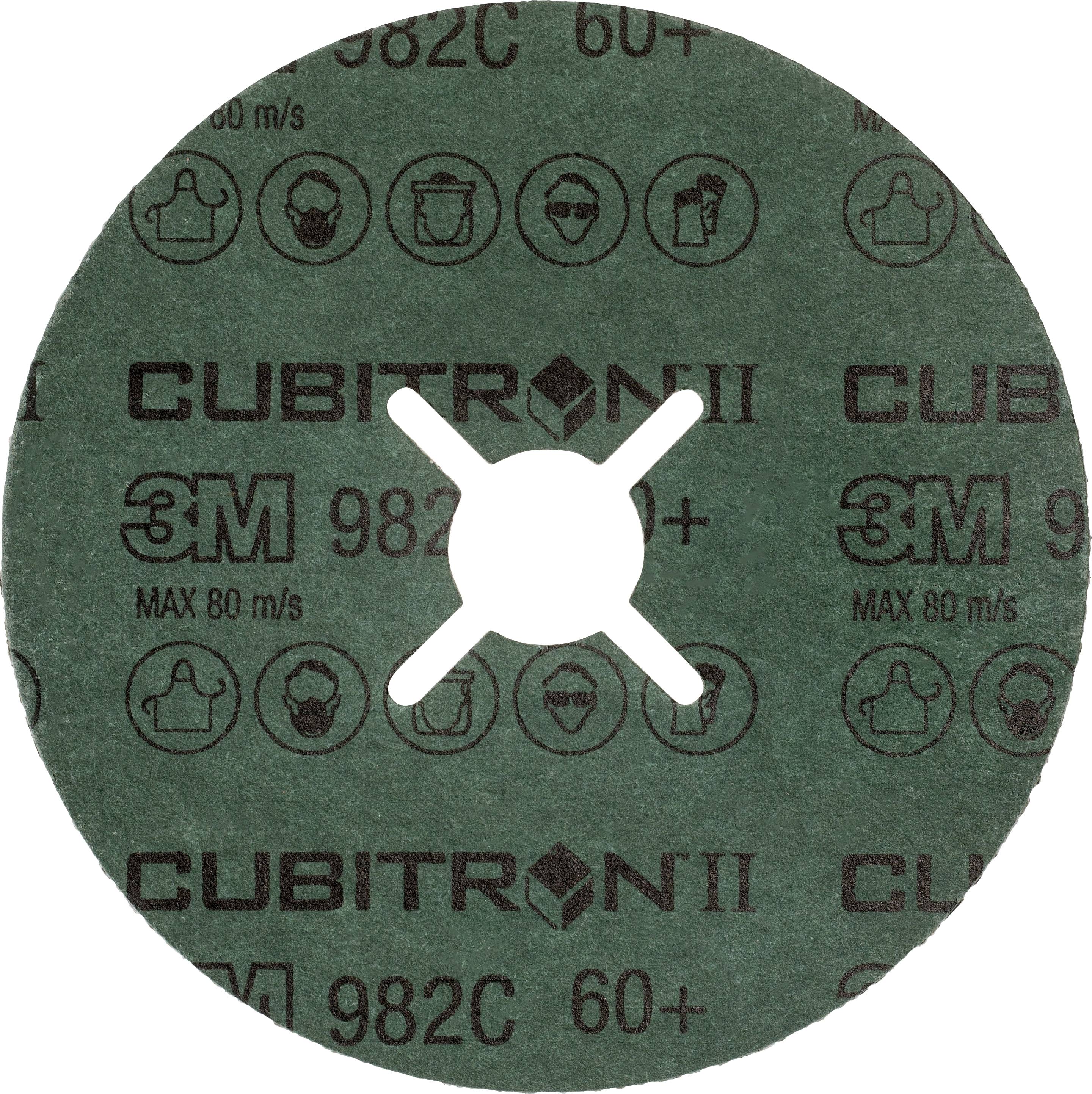 Disque abrasif portant l'inscription « 3M Cubitron II 982C 60+ ». Les symboles indiquent les mesures de protection : lunettes de protection, gants, masque de protection.