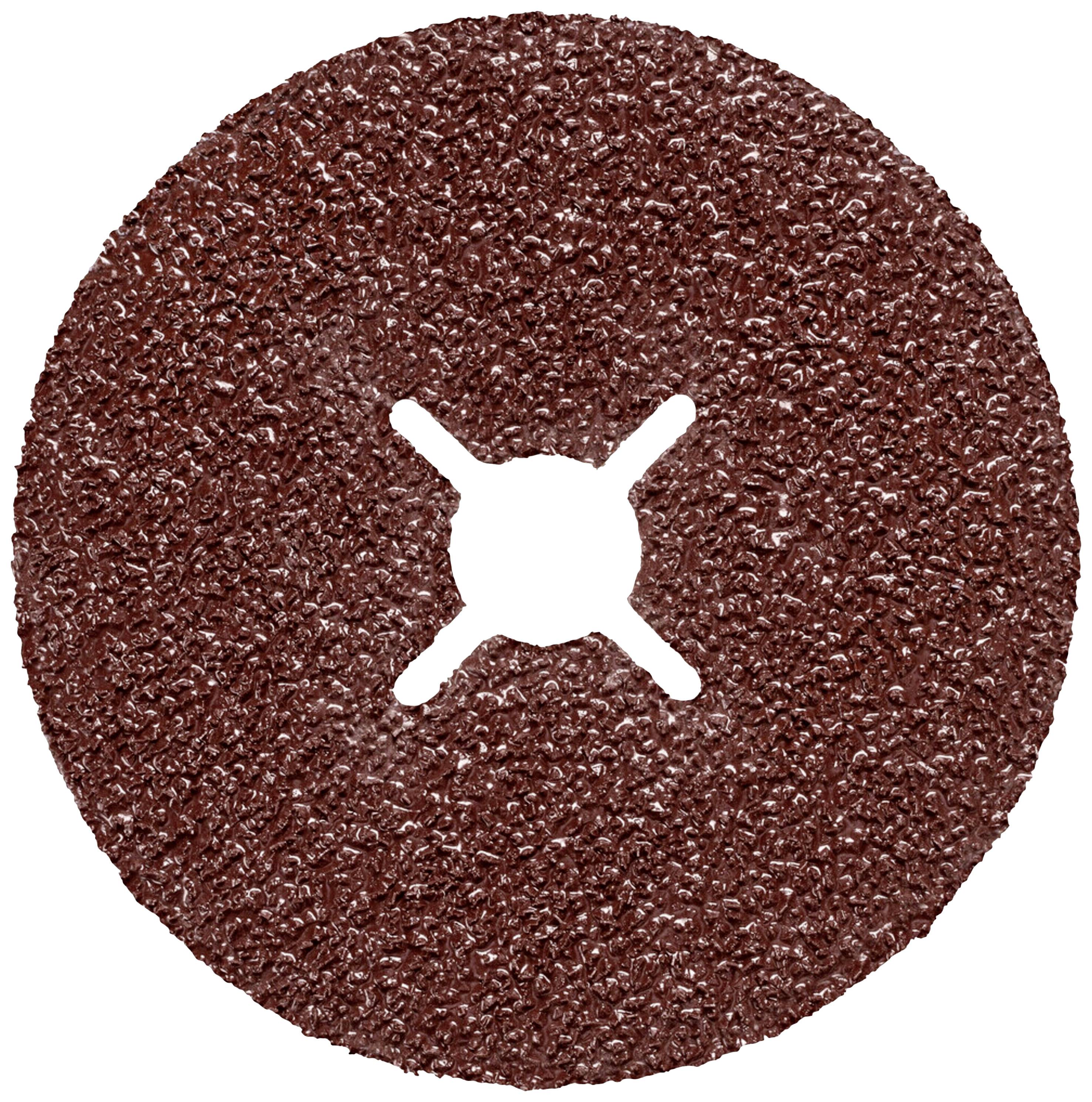 Disque abrasif rond à surface rugueuse de couleur brune, pourvu d'un trou central, utilisé pour le meulage ou l'ébavurage de matériaux.