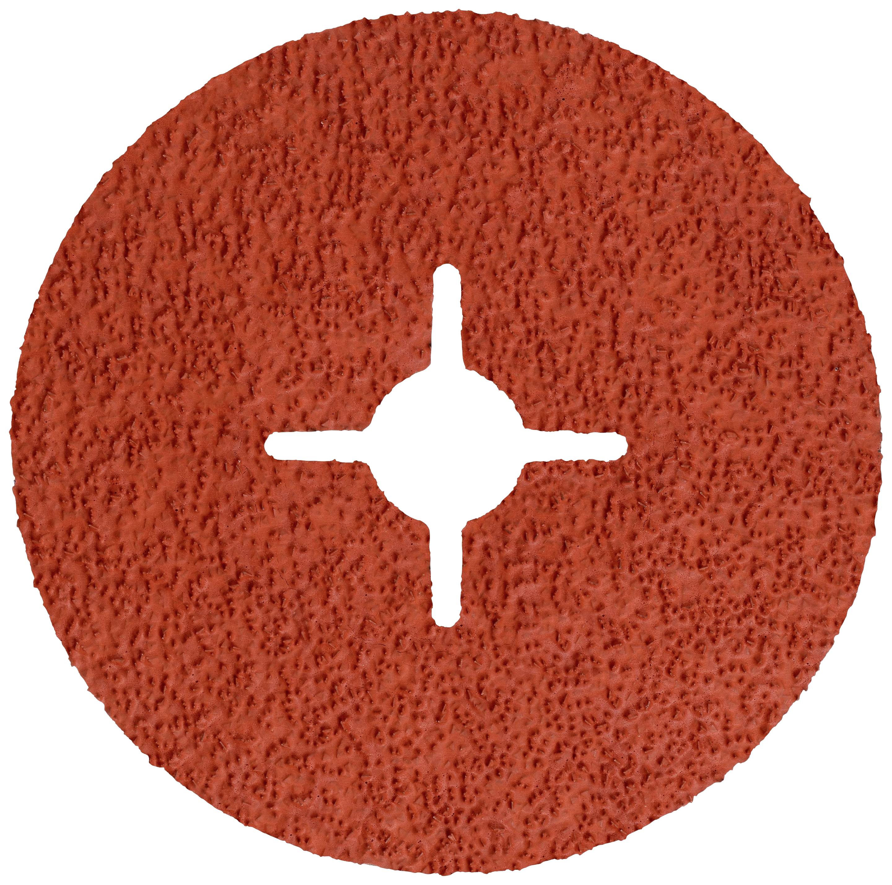 Disque de meulage rouge avec fente centrale en croix pour montage sur machine, structuré pour un enlèvement de matière efficace.