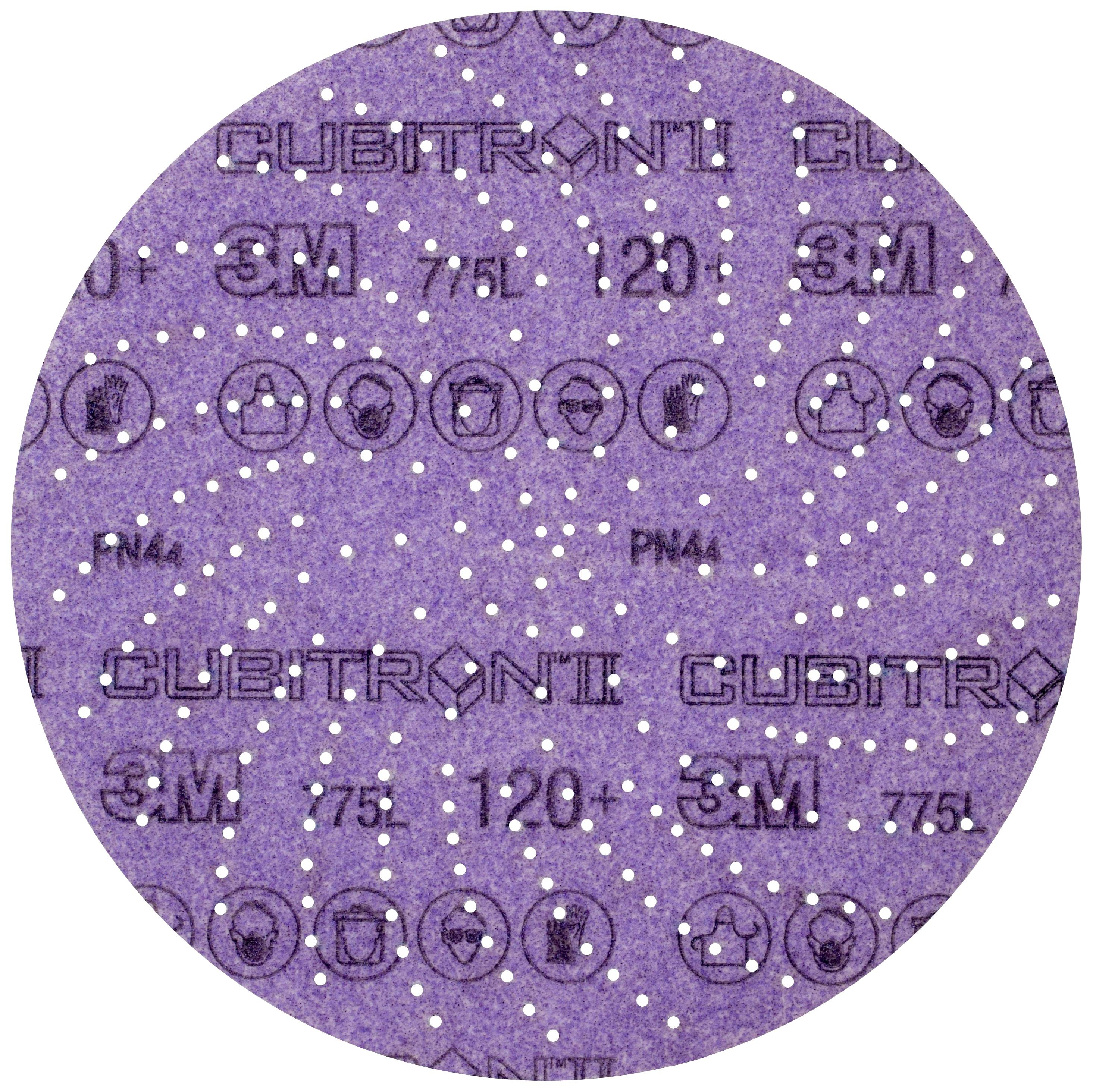 Disque de papier abrasif Lila avec motif perforé, étiqueté 'Cubitron'.