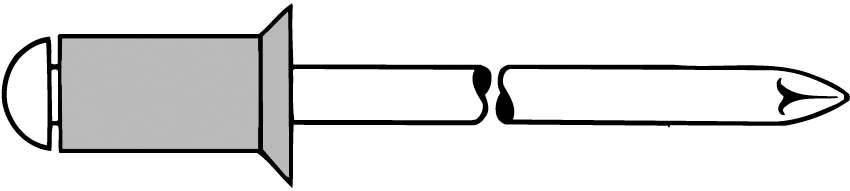 Un dessin technique montre un rivet creux en deux parties : le corps du rivet et le mandrin. La pointe du mandrin est fendue.