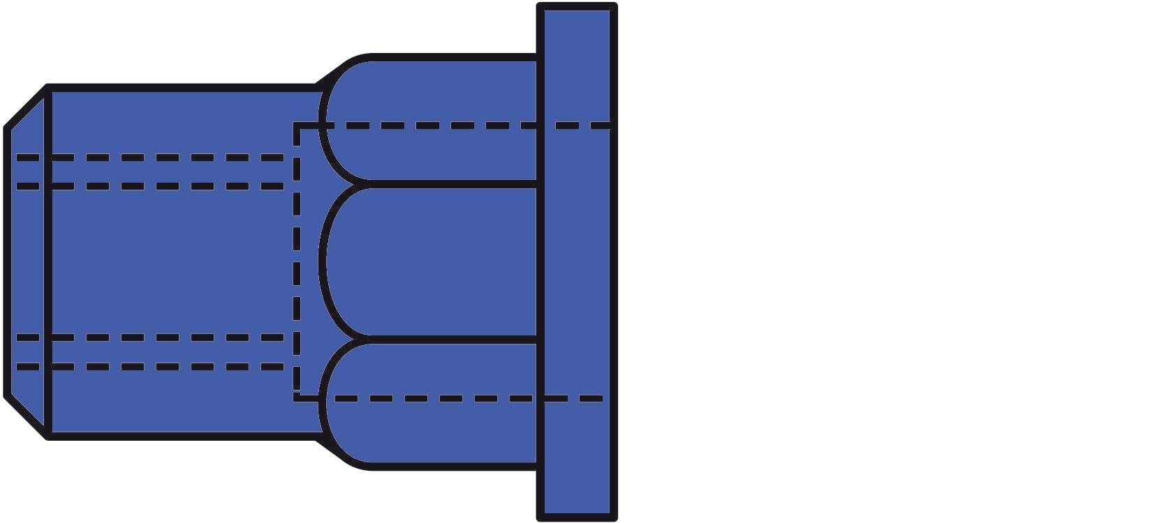 Dessin technique d'un raccord de tuyauterie bleu avec plusieurs joints et bride ; montre les détails de vue et les lignes de coupe.