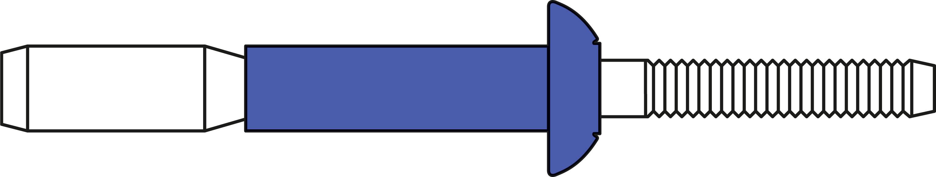 Rivet aveugle bleu avec tige longue et filetage, montrant une construction de rivet typique.