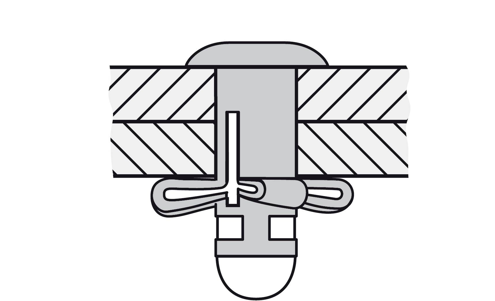 Coupe transversale d'une planchette en bois reliée à une bande de traction et à une vis. La bande assure la fixation des éléments entre eux.