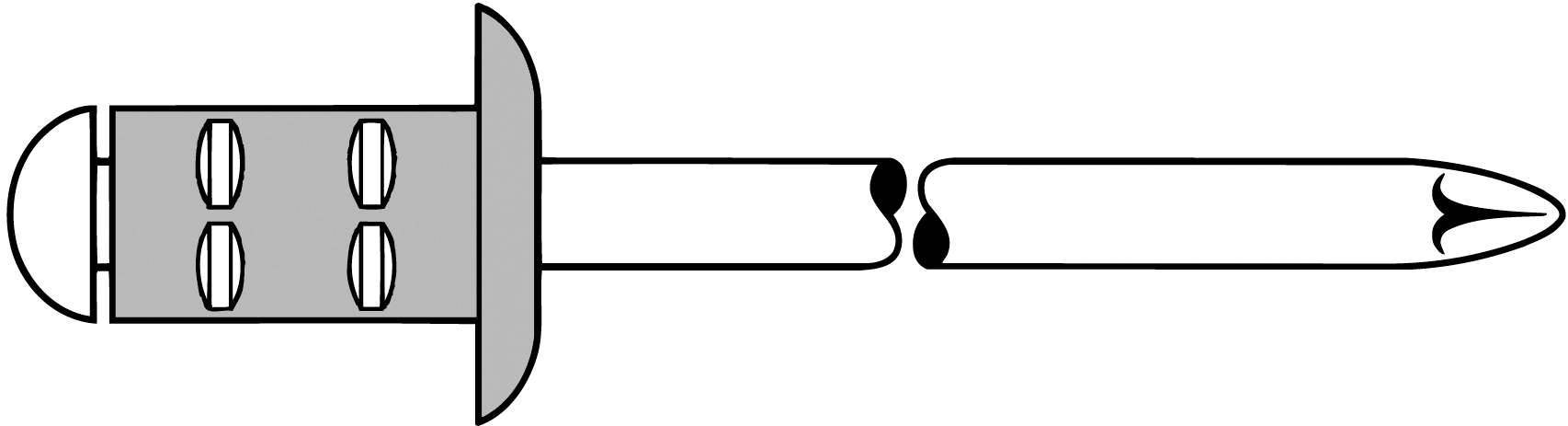 Un diagramme d'un rivet aveugle montre ses composants : tête, tige et tige de rivetage. La tige de rivetage se rétracte lors du serrage.