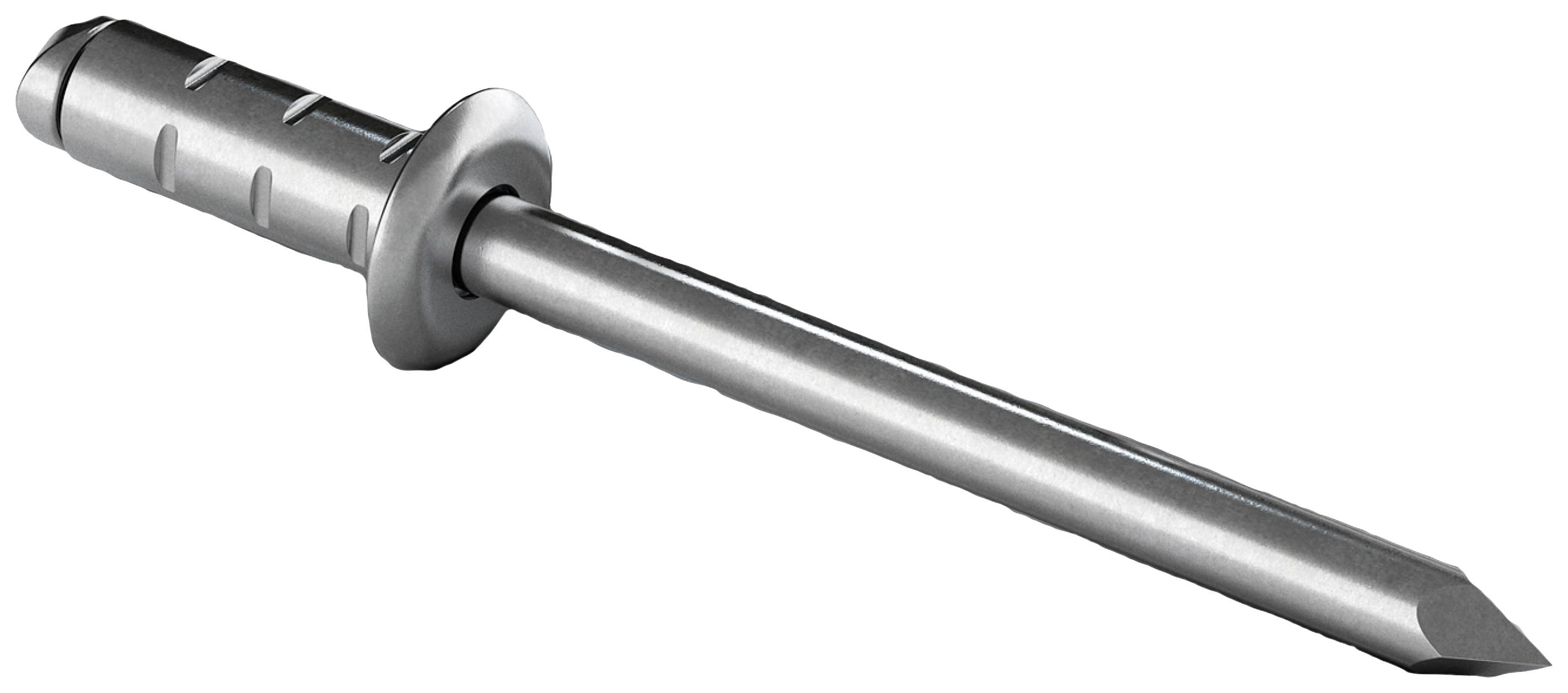 Un goujon d'ancrage à expansion en argent avec extrémité cylindrique et rainures pour la fixation de charges lourdes dans les matériaux de construction.