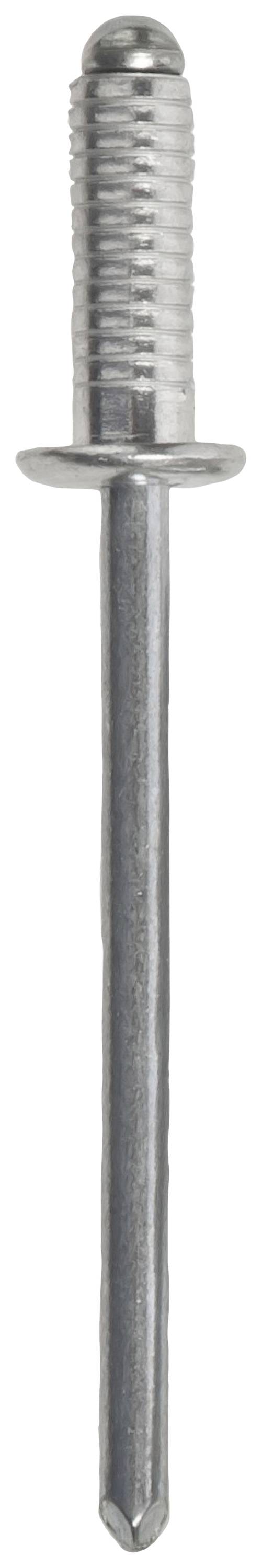 Un rivet aveugle en métal argenté avec une tête ronde lisse et une tige allongée.