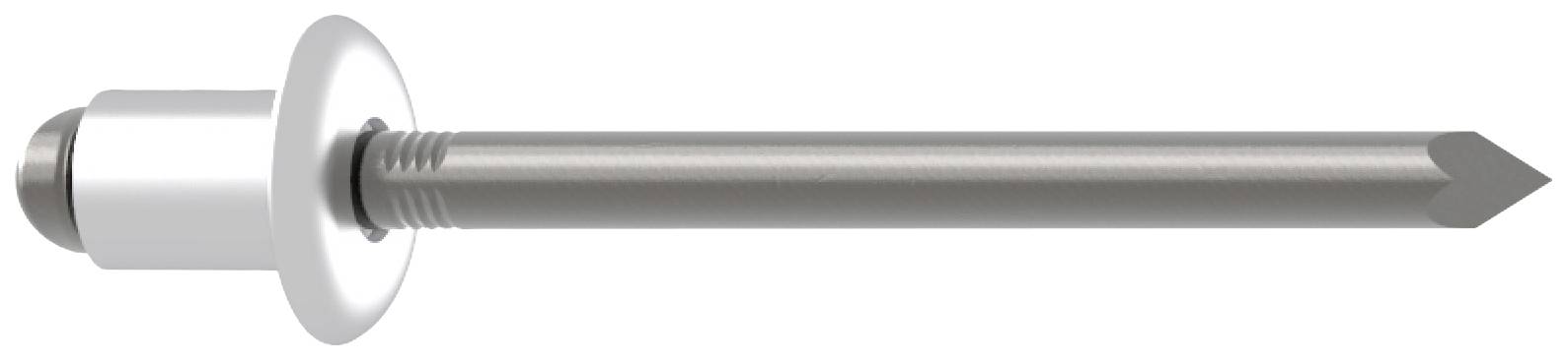 Un rivet pop en argent à tête ronde et tige longue. Utilisé pour assembler durablement des matériaux.