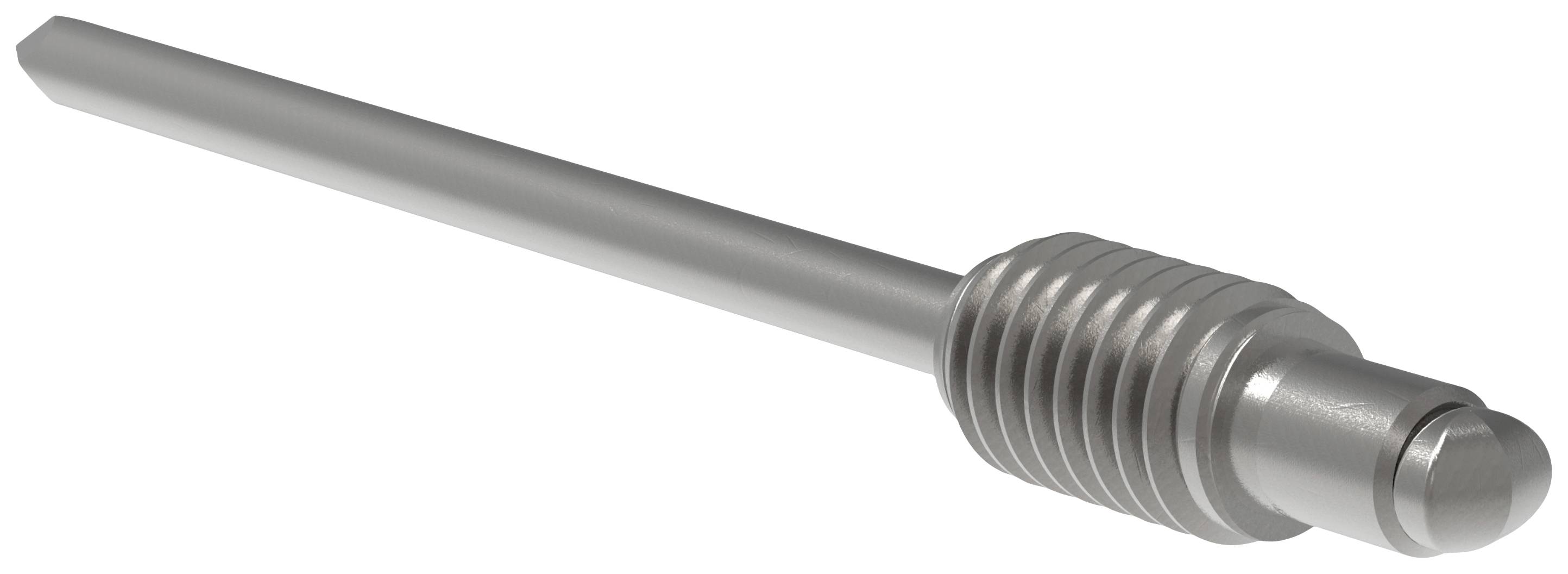 Pièce métallique avec un corps cylindrique cannelé et une tige longue et mince, probablement un élément d'outil.