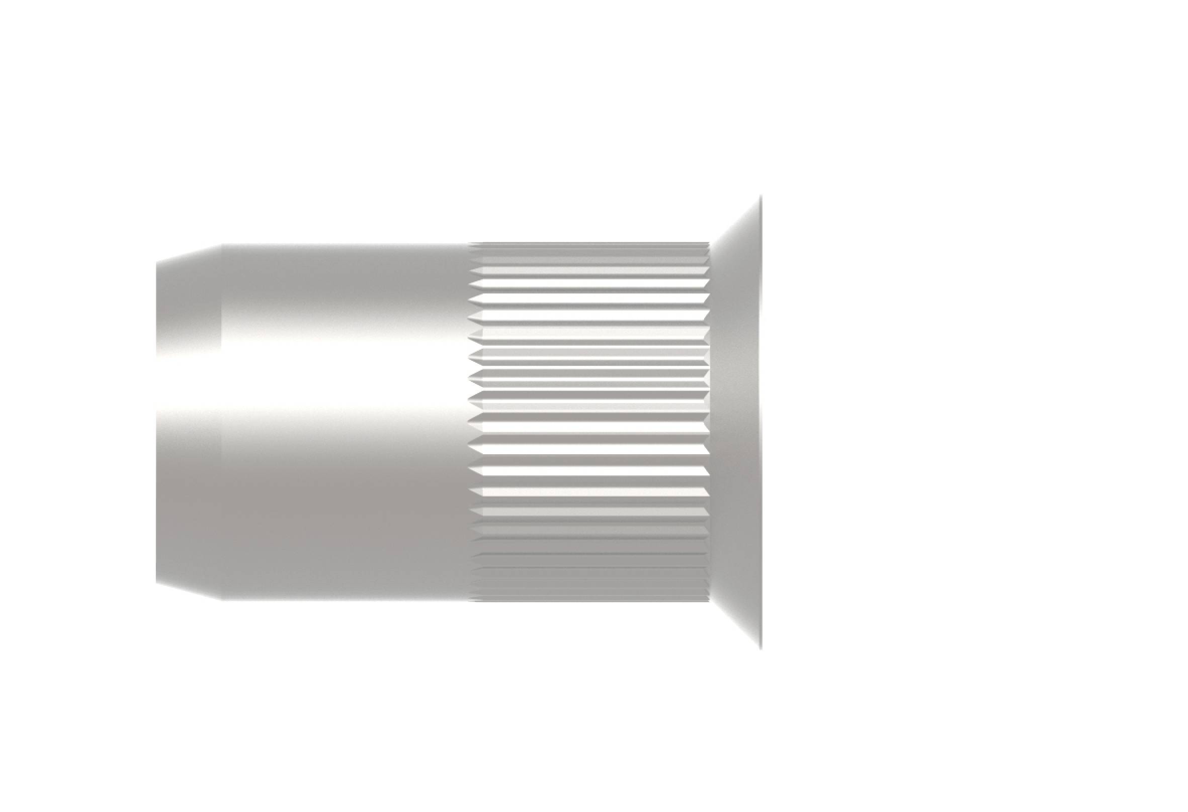 Rivet métallique, vu de côté, présentant des rainures et un bord aplati, sur un fond blanc à gauche. Essentiel pour des applications de montage.