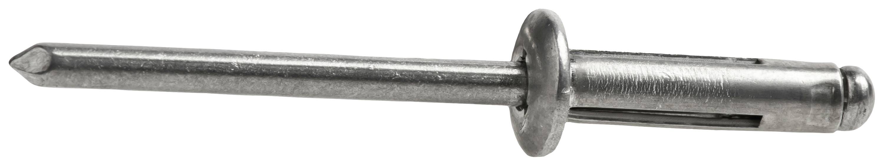 Un rivet aveugle en argent, métallique, à tête ronde et tige longue, utilisé pour assembler des matériaux.