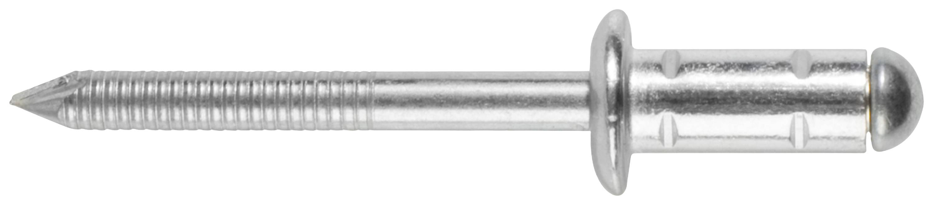 Rivet aveugle en argent avec tige dentée et tête ronde, utilisé pour assembler des matériaux sans accès à l'arrière.