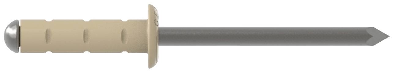 Boulon d'ancrage métallique individuel avec une gaine en plastique beige, vue latérale.