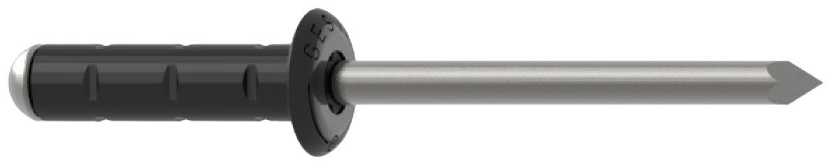 Un cheviller noir avec un clou intégré, posé horizontalement. Le cheviller est cylindrique et possède un large collerette.