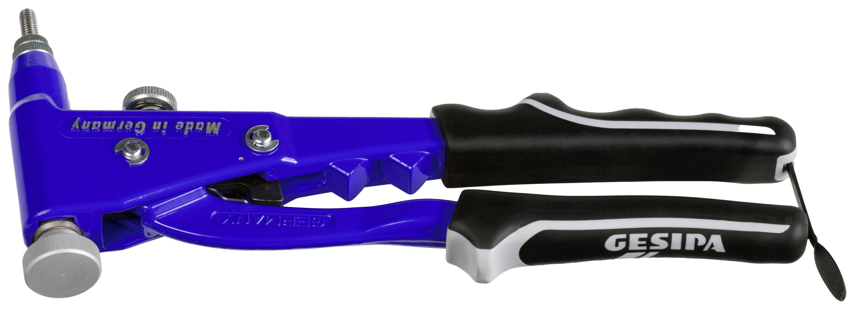 Pince à riveter Gesipa bleue avec poignée ergonomique, adaptée aux travaux artisanaux.