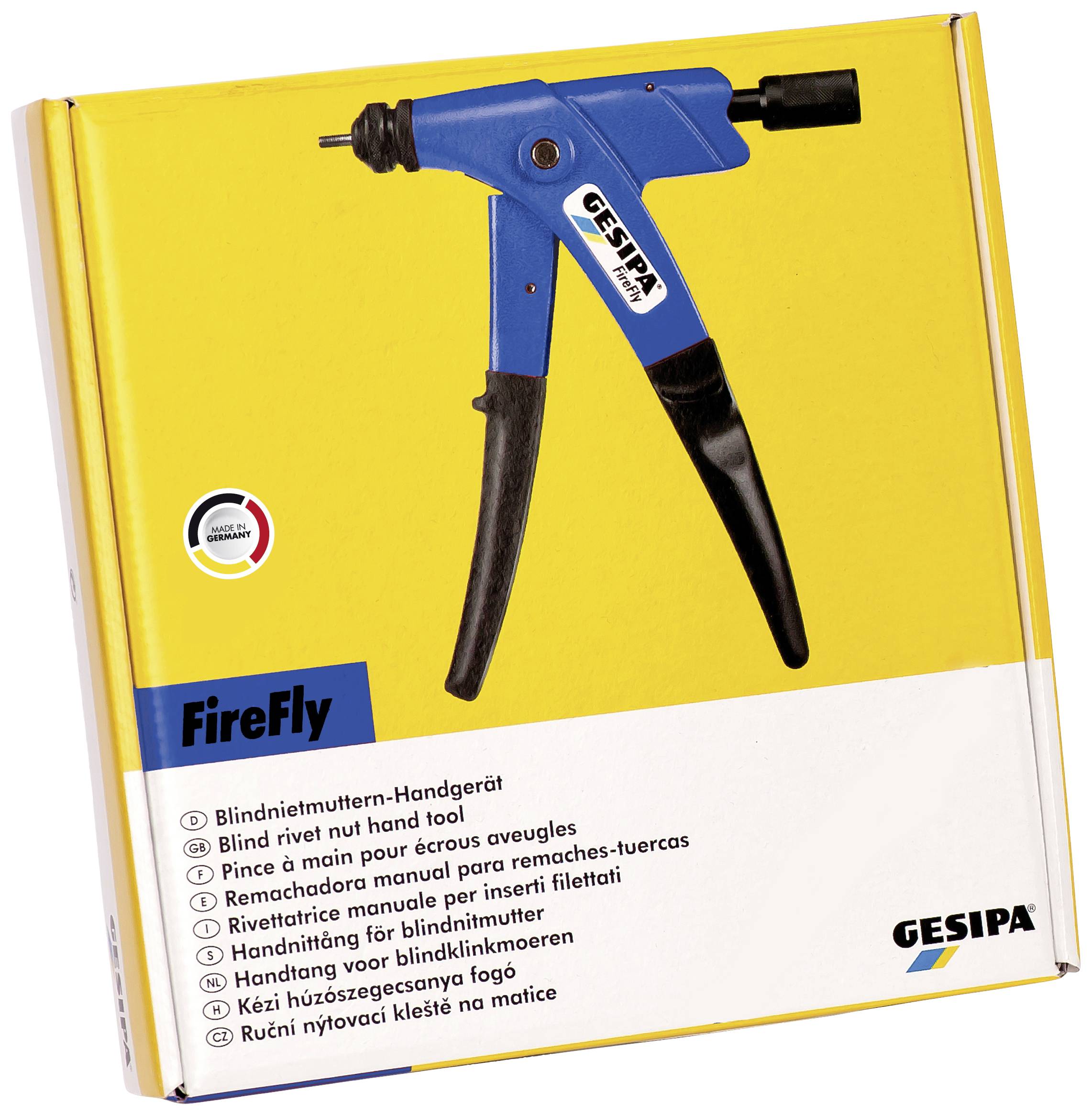Boîte contenant un outil manuel de pose de rivets aveugle bleu nommé 'FireFly' de GESIPA, présenté avec une sélection de langue internationale.