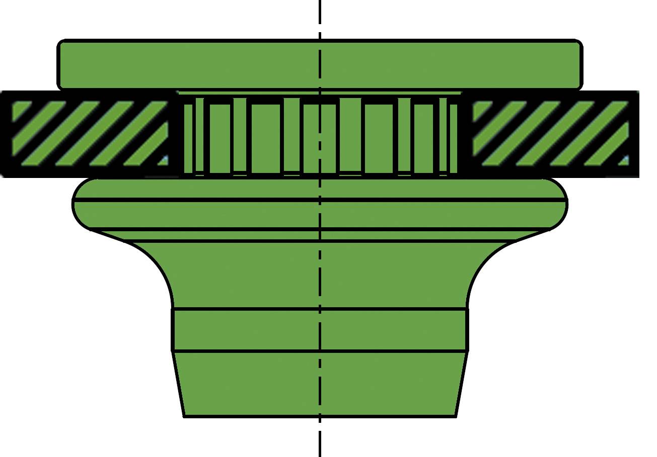 Coupe transversale d'un dessin technique : Un composant circulaire vert avec une zone striée, probablement un roulement ou un joint.