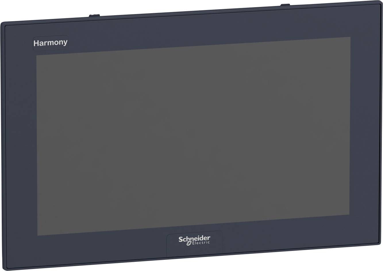 Un écran rectangulaire avec un cadre noir affichant 'Harmony' et le logo de Schneider Electric.