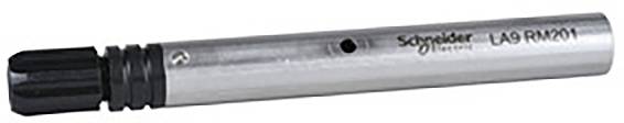 Un capteur cylindrique argenté portant l'inscription 'Schneider Electric LA9RM201'. Le capteur a des extrémités noires.