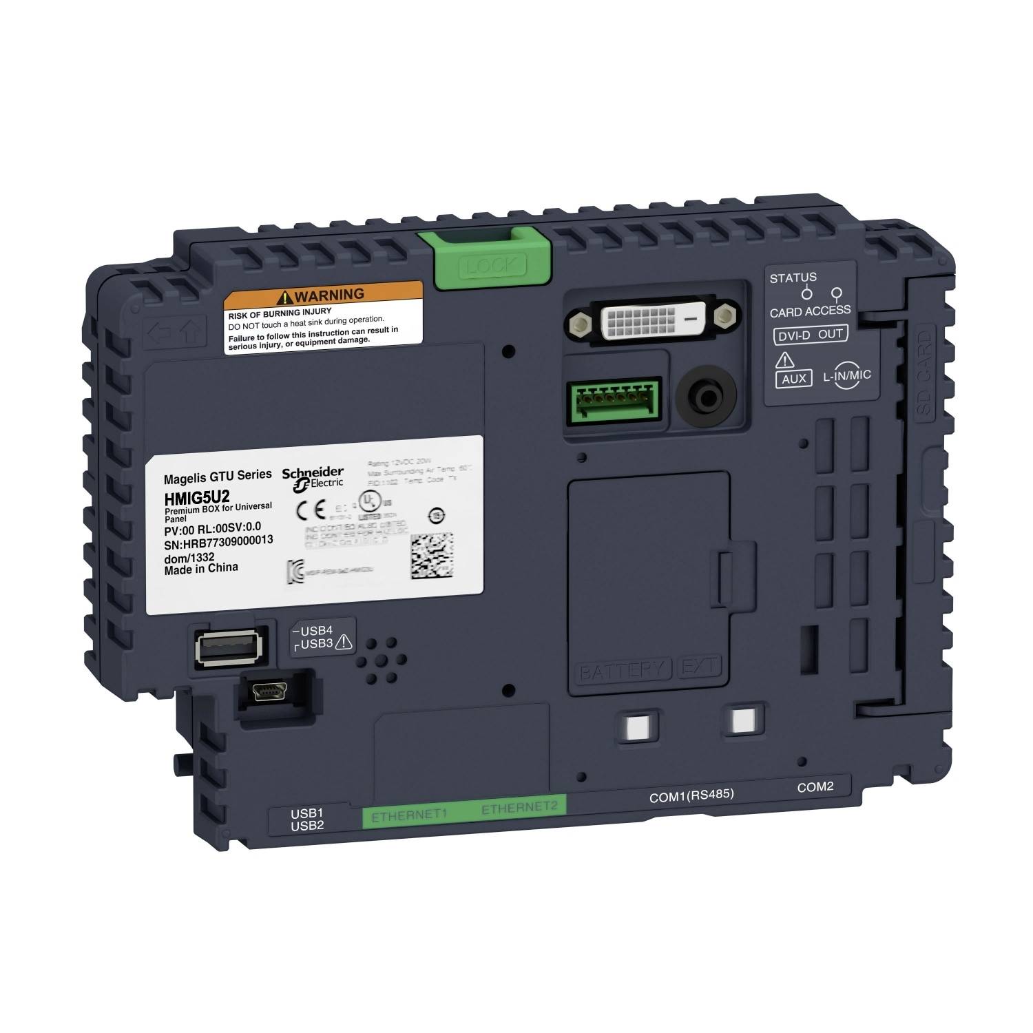 Un appareil électronique de Schneider Electric, étiqueté série Magelis GTU, modèle HMIG5U2, doté de différentes options de connexion à l'arrière.