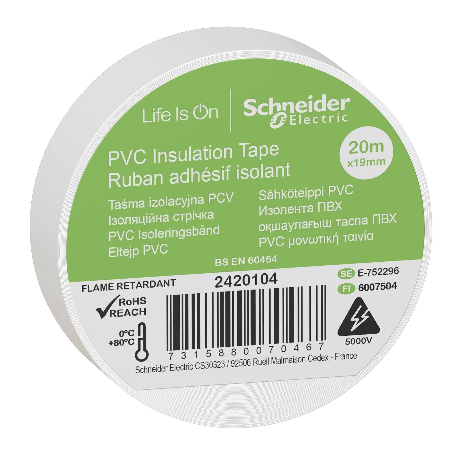 Ruban isolant en PVC de Schneider Electric, 20 m x 19 mm, résistant aux flammes selon la norme BS EN 60454, conforme à la directive RoHS, étiqueté en plusieurs langues.