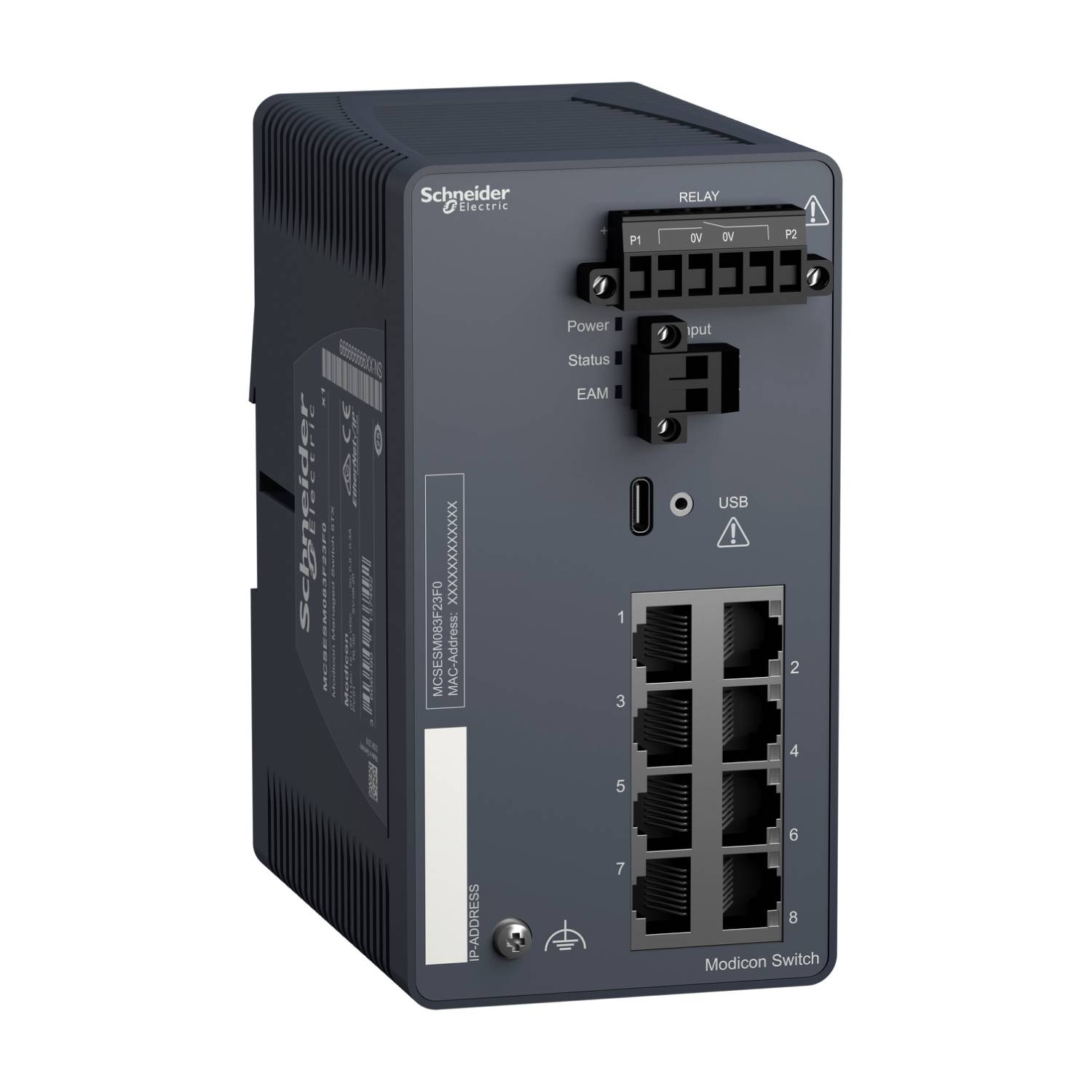 Commutateur Ethernet industriel de Schneider Electric, modèle 'Modicon', affichant huit ports Ethernet sur la façade, un port USB et des voyants d'état.