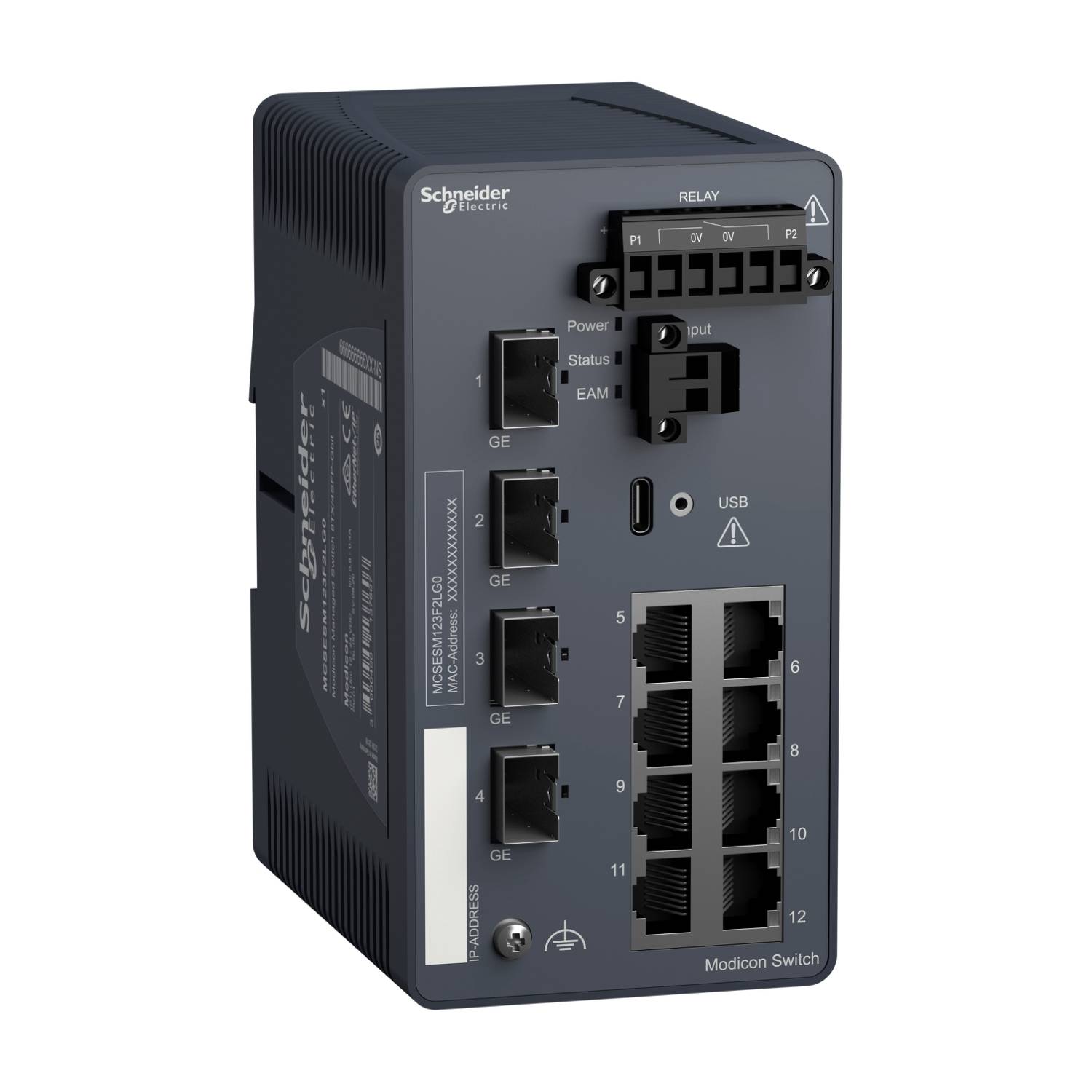Commutateur réseau industriel avec plusieurs ports Ethernet, voyants d'état et port USB. Logo de la marque en haut à gauche de l'appareil.