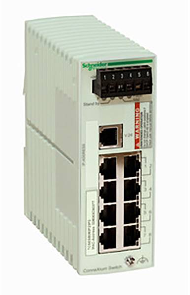 Un commutateur Ethernet industriel de Schneider Electric avec plusieurs ports pour les connexions réseau.