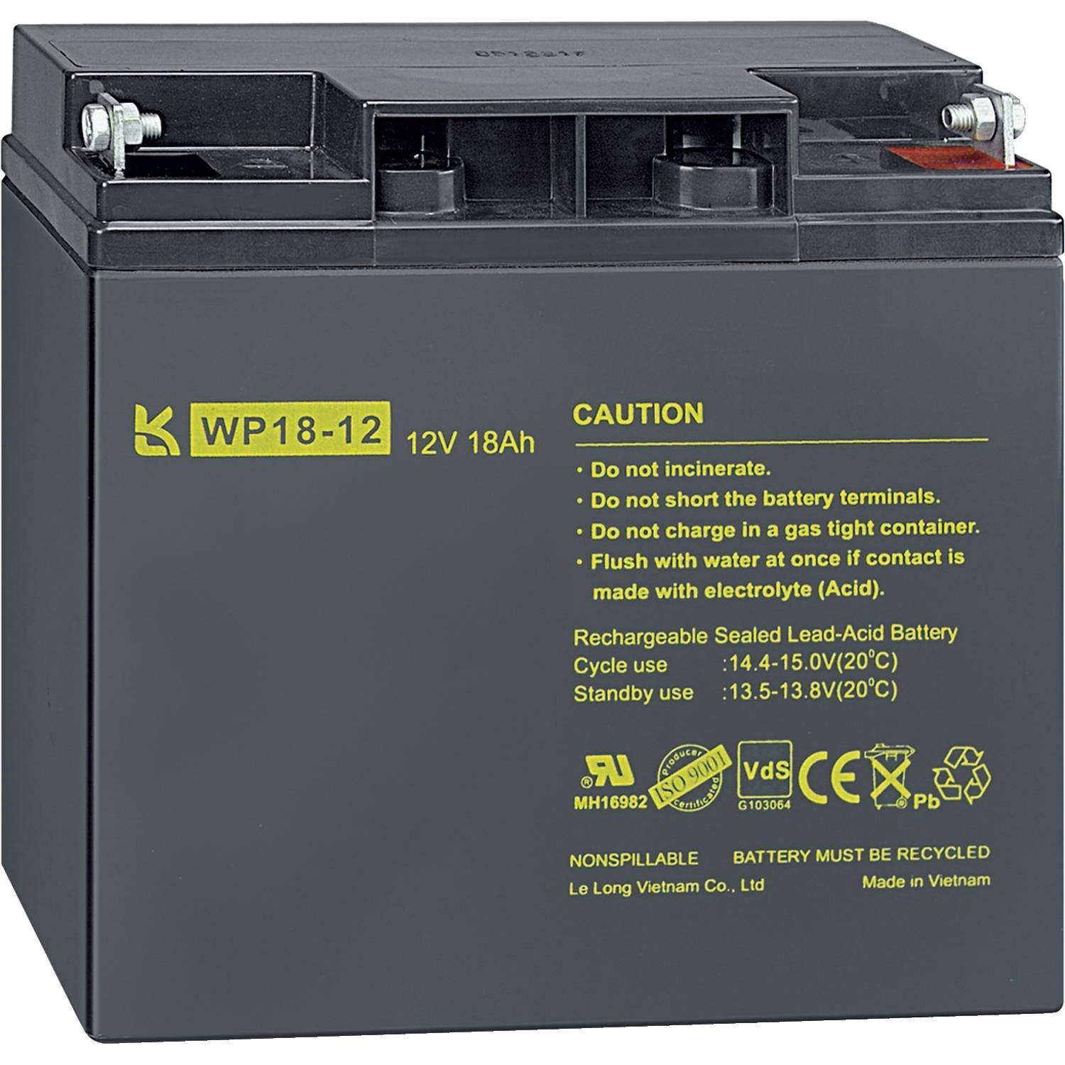 Batterie au plomb-acide avec avertissements : « Ne pas stocker dans un récipient fermé. Éviter le contact avec les yeux. » Capacité 12V 18Ah.