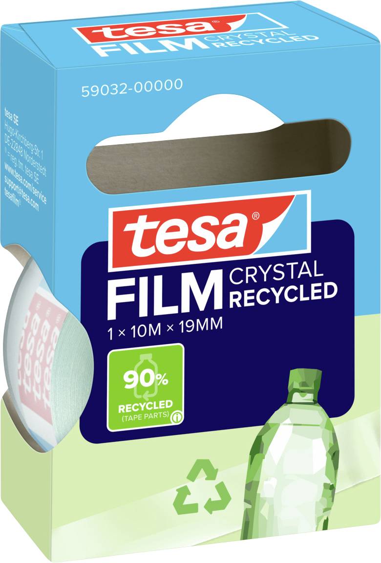 « Rouleau de film tesa Crystal Recycled, ruban adhésif avec emballage contenant 90% de matière recyclée, présentant une bouteille illustrée et un symbole de recyclage. »
