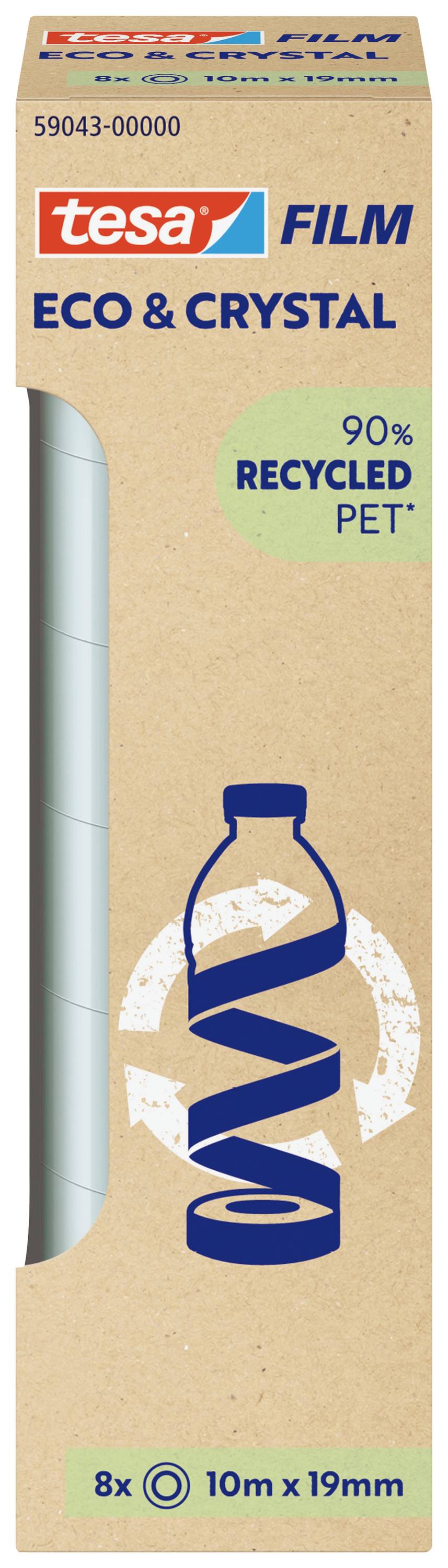 Emballage d'un ruban adhésif Tesa 'Eco & Crystal', fabriqué à partir de 90% de PET recyclé. Contient 8 rouleaux, dimensions : 10m x 19mm.