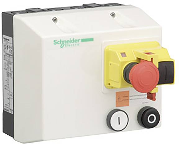 Un bouton d'arrêt d'urgence sur un boîtier blanc de Schneider Electric. L'interrupteur est jaune avec un bouton rouge et sert à couper l'alimentation électrique.