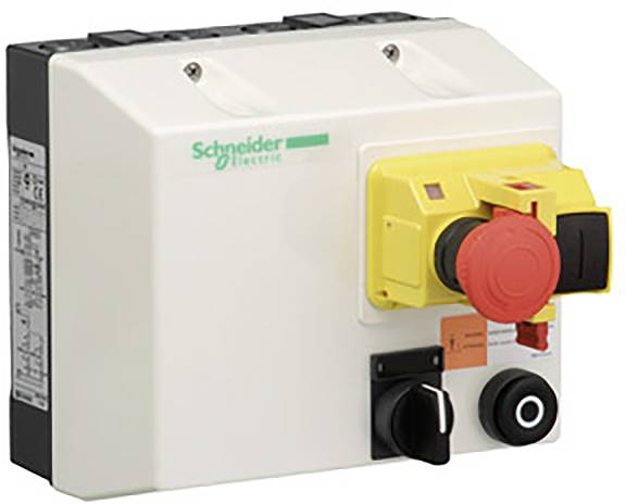 Un interrupteur principal électrique de Schneider Electric avec bouton d'arrêt d'urgence rouge. Essentiel pour la sécurité et la maintenance des machines.