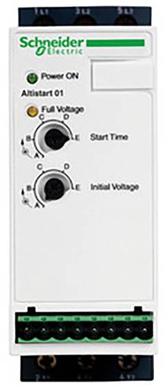 Appareil Schneider Electric Altistart 01 avec des éléments de commande pour le 'Temps de démarrage' et la 'Tension initiale'. Indicateurs pour 'Mise sous tension' et 'Tension pleine'.