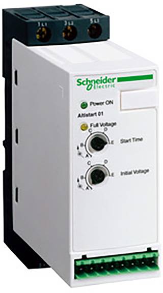 Démarreur progressif Schneider Electric avec boutons rotatifs pour le réglage du temps de démarrage et de la tension initiale, avec indicateurs de fonctionnement et de tension.