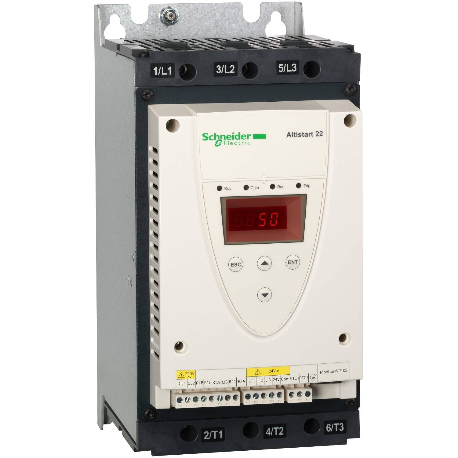 Schneider Electric Altistart 22, un démarreur progressif pour le contrôle des moteurs électriques, doté d'affichages et de commandes sur sa face avant.