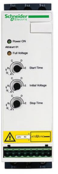 Unité de commande de Schneider Electric avec trois potentiomètres pour le 'Voltage de démarrage', le 'Voltage initial' et le 'Temps d'arrêt', avec des voyants LED en haut.