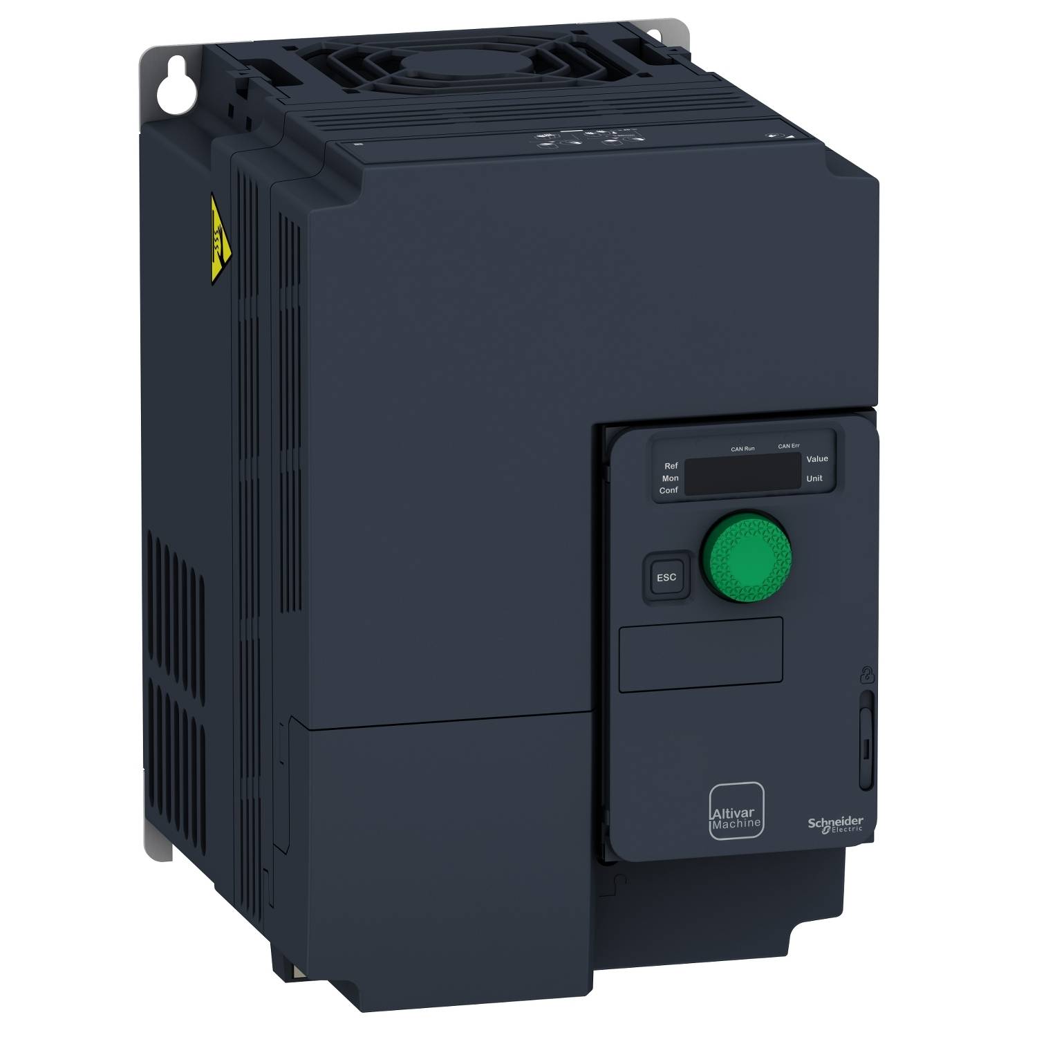 Un variateur de fréquence noir avec un panneau de commande affichant des touches et un écran. Un ventilateur est visible en haut à droite.