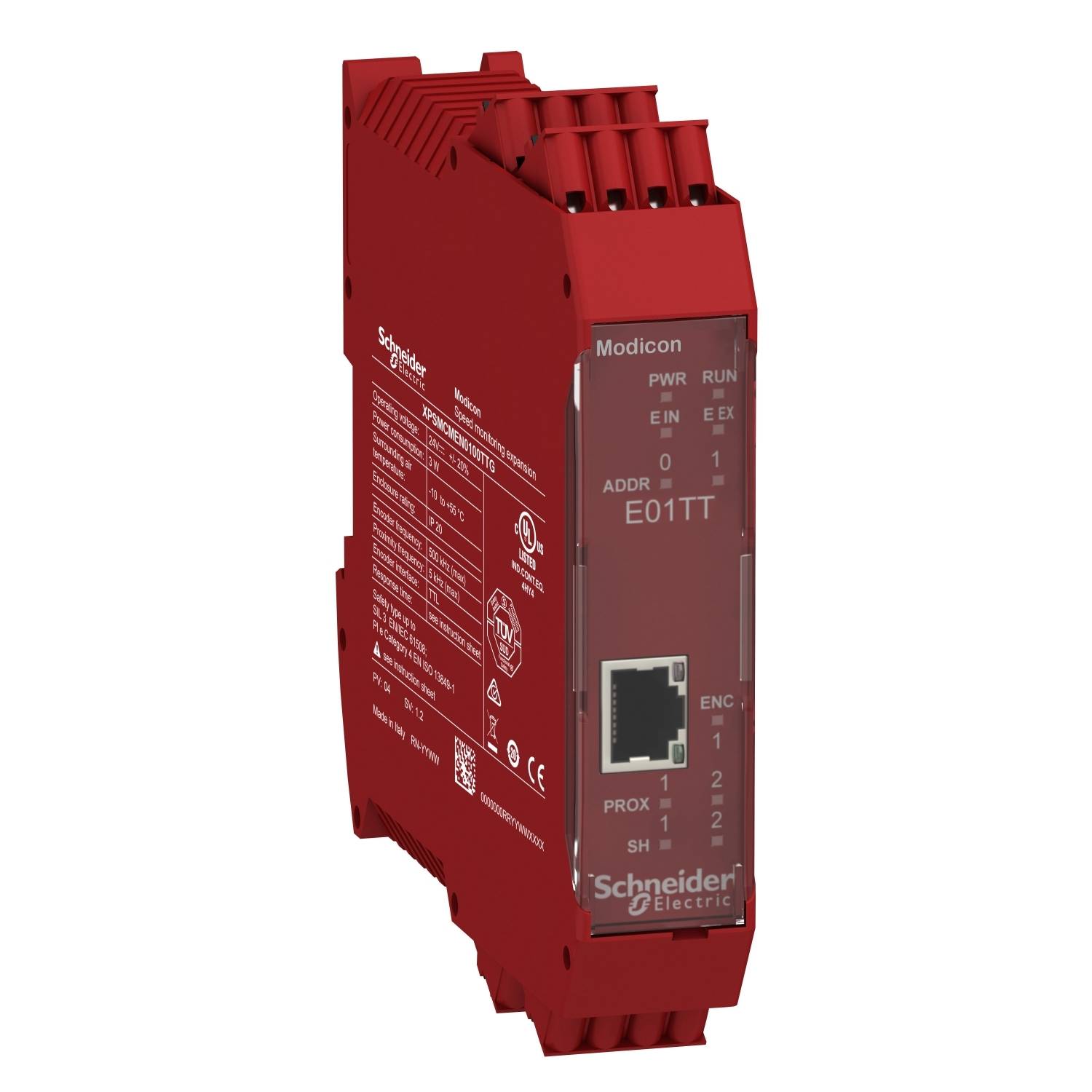 Module Modicon rouge de Schneider Electric avec bornes de connexion et LEDs pour indication d'état. Utilisé dans les systèmes d'automatisation.