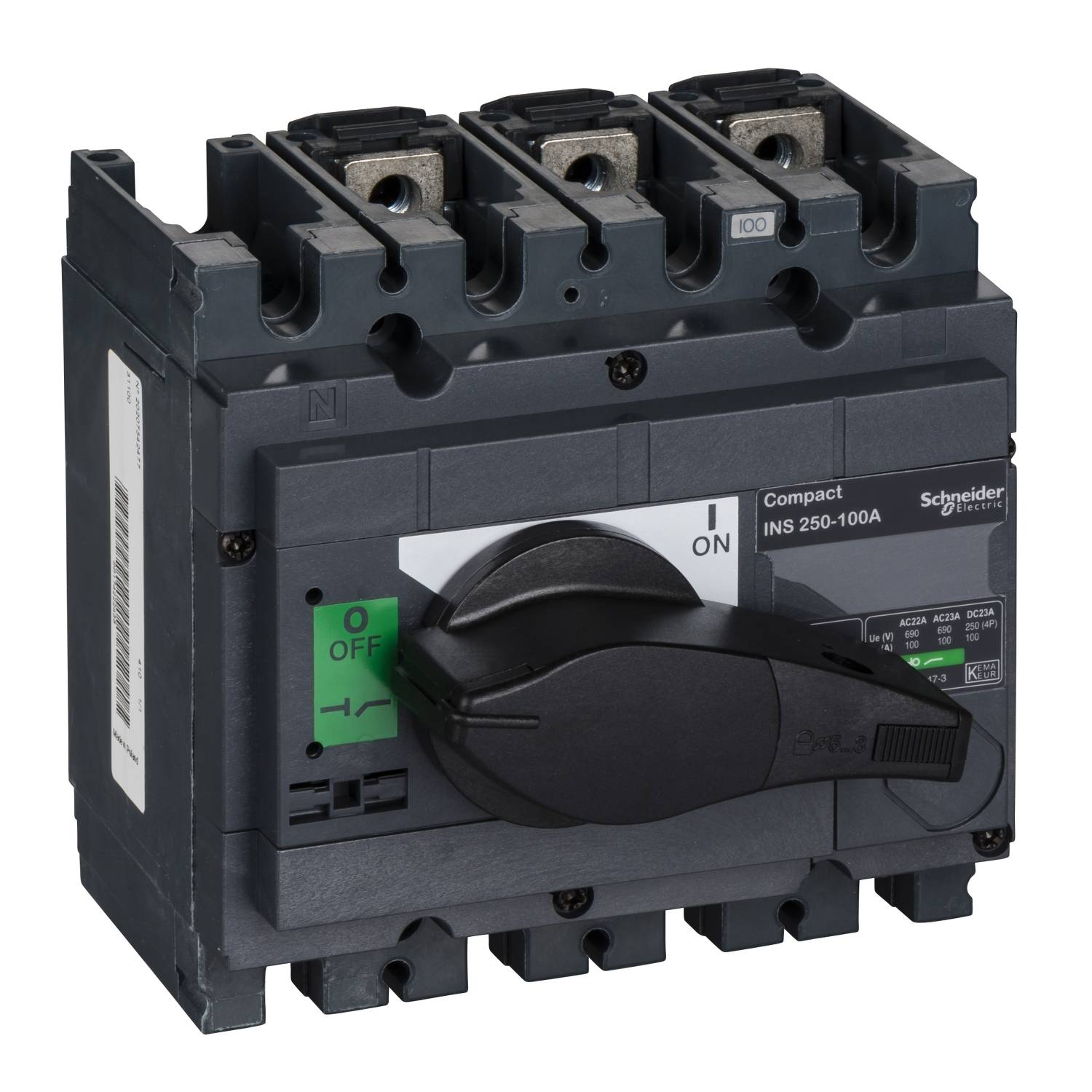 Interrupteur principal en position éteinte, adapté aux applications industrielles. Étiqueté 'ON' et 'OFF'. Marque : Schneider Electric.