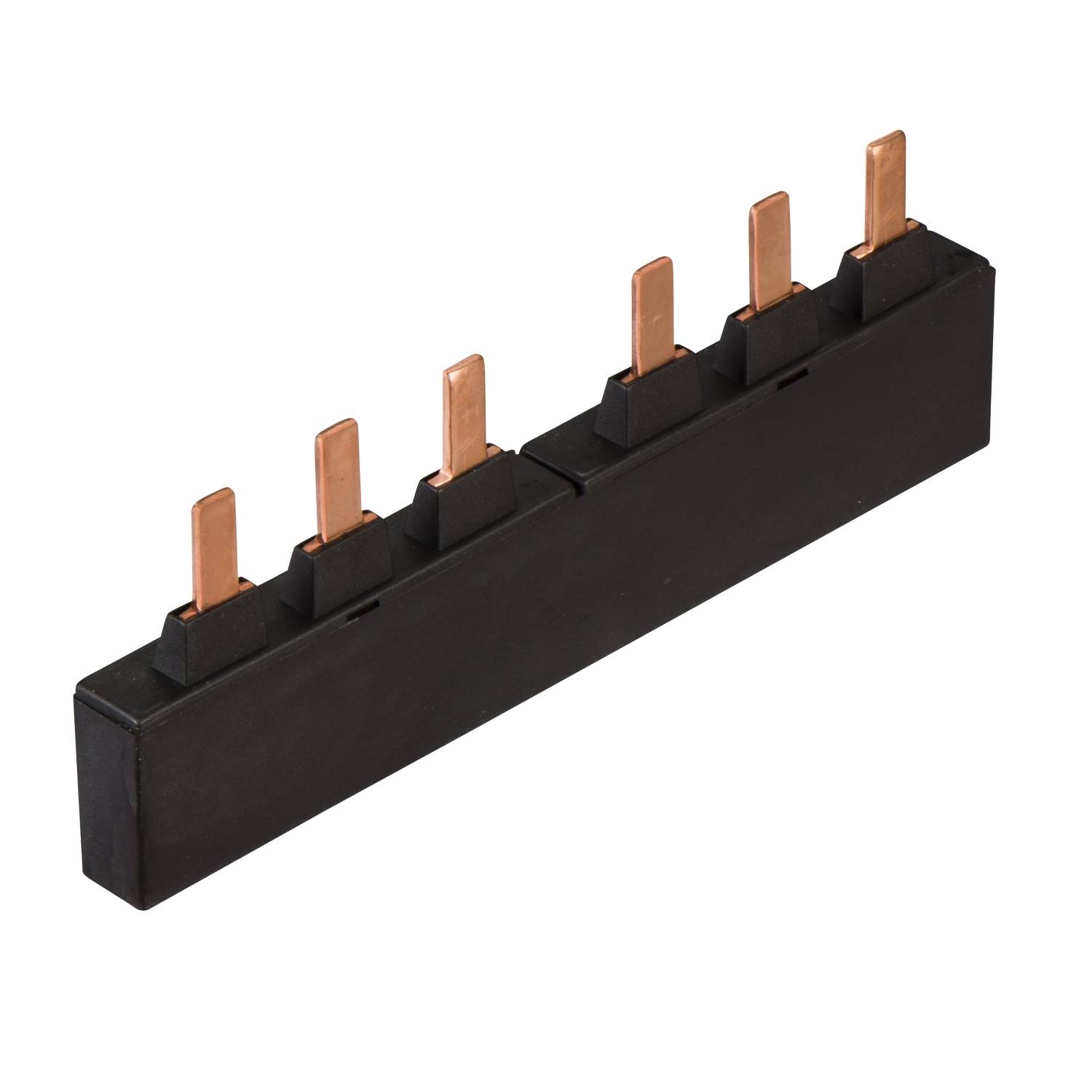 Borne électrique noire avec cinq connexions en cuivre sur le dessus, destinée au raccordement de circuits électriques, sur un fond blanc.