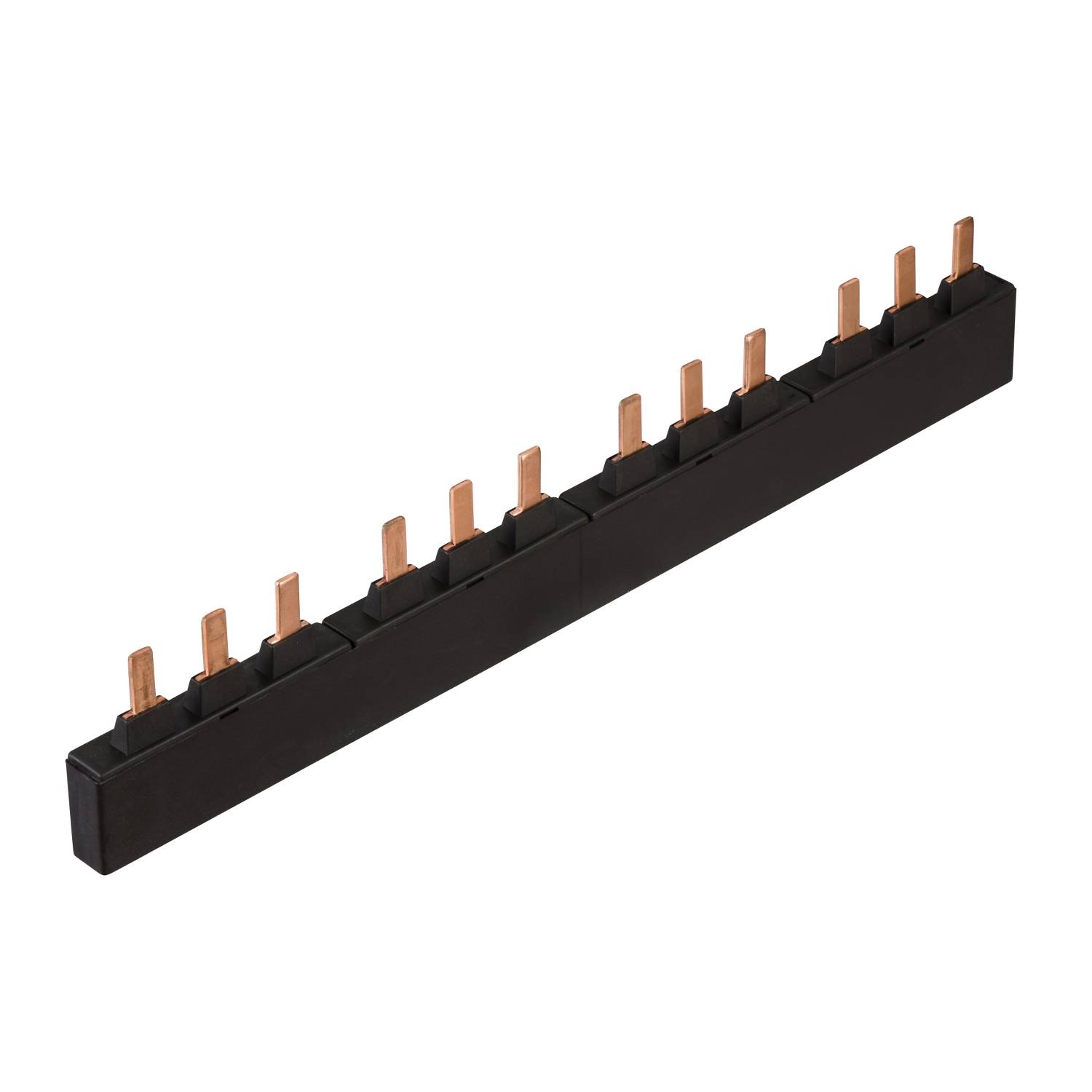 Connecteur de rail de phase noir avec plusieurs broches en cuivre, utilisé pour la connexion électrique des disjoncteurs.