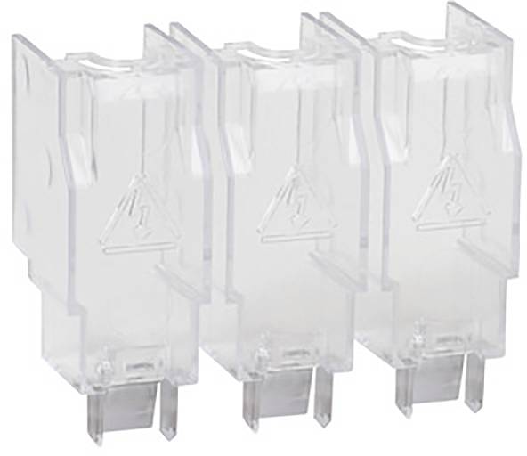 Trois couvercles de fusibles électriques transparents alignés, avec des symboles sur chaque couvercle.