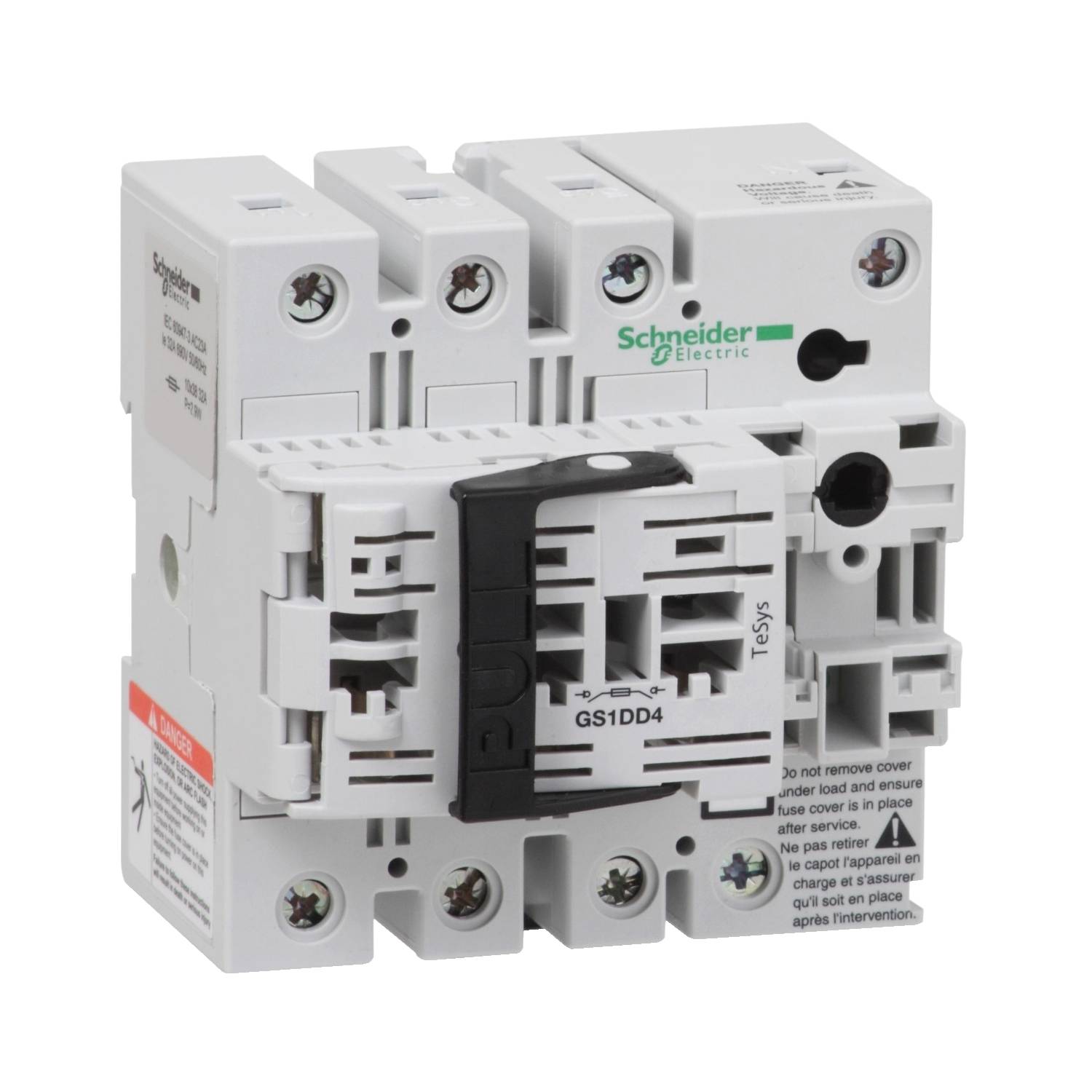 Protection de marque Schneider Electric, modèle GS1DD4. Boîtier blanc, composé de plusieurs modules avec des connexions à vis.