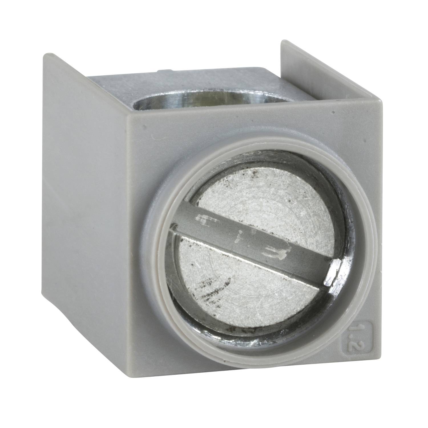 Bloc gris en plastique avec une vis métallique ronde au centre. Adapté pour les connexions électriques ou le câblage.