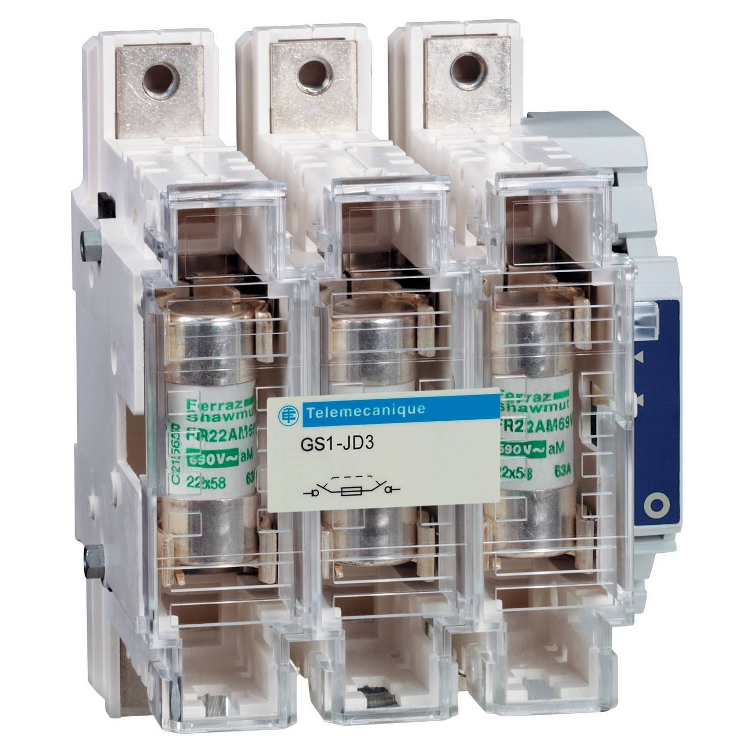 Trois supports de fusibles de marque Telemecanique, compatibles avec des fusibles jusqu'à 690 volts, modèle GS1-JD3, adaptés aux applications industrielles.