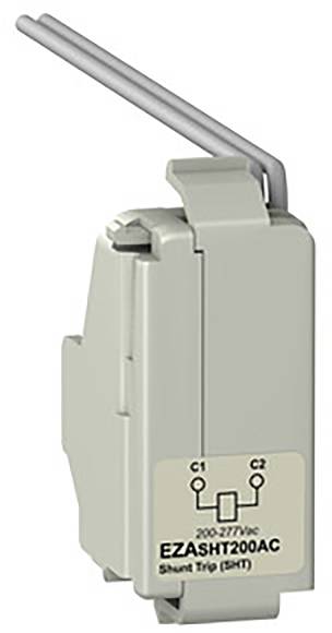 Un déclencheur à émission de courant gris avec l'inscription « EZASHT200AC 200-277V AC, Shunt Trip (SHT) » est représenté.